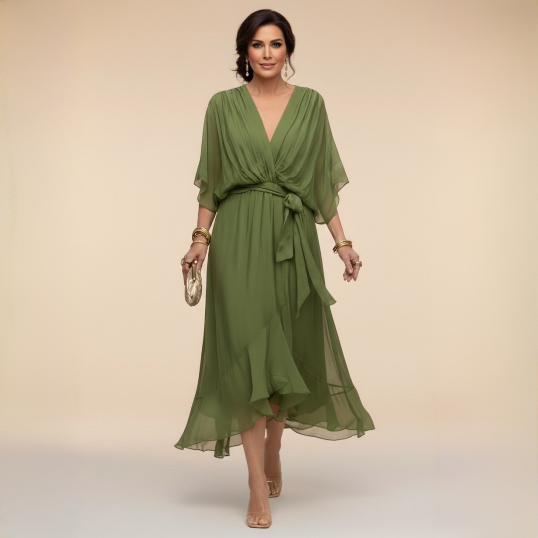 Women's Chiffon Midi Dress with V-Neck and Belt for Autumn Occasions