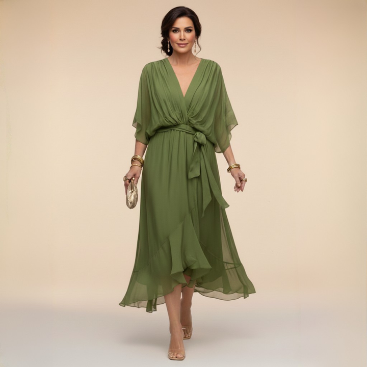 Women's Chiffon Midi Dress with V-Neck and Belt for Autumn Occasions