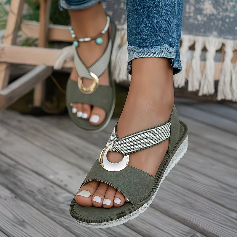 Women's Leather Elastic Flat Sandals Autumn Metal-Accent Walking Sandals