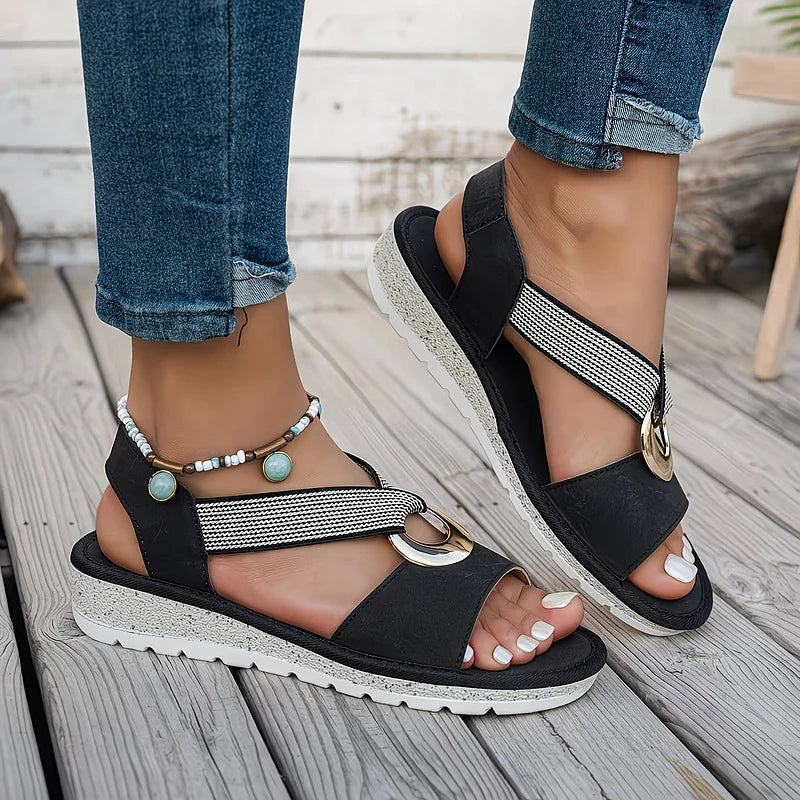 Women's Leather Elastic Flat Sandals Autumn Metal-Accent Walking Sandals