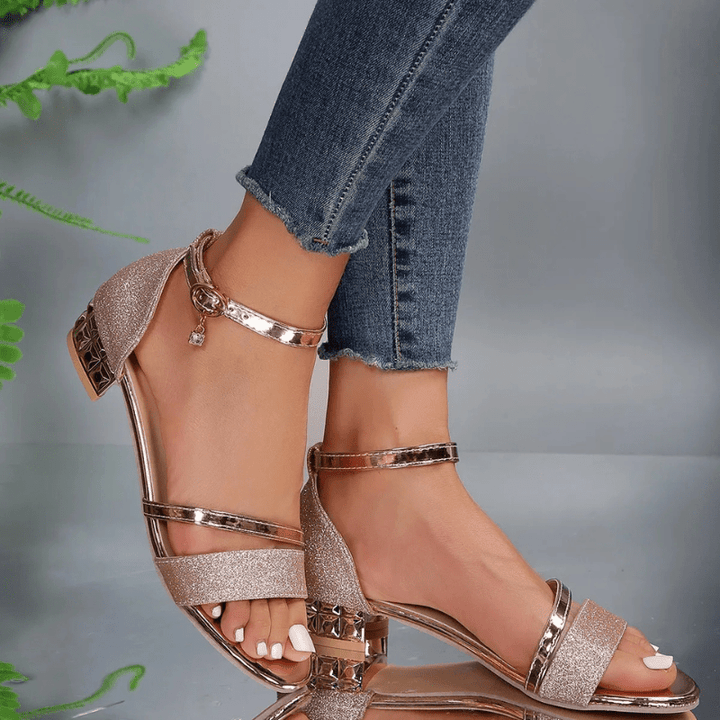Women's Leather Ankle-Strap Sandals with Block Heel and Glossy Finish for Autumn