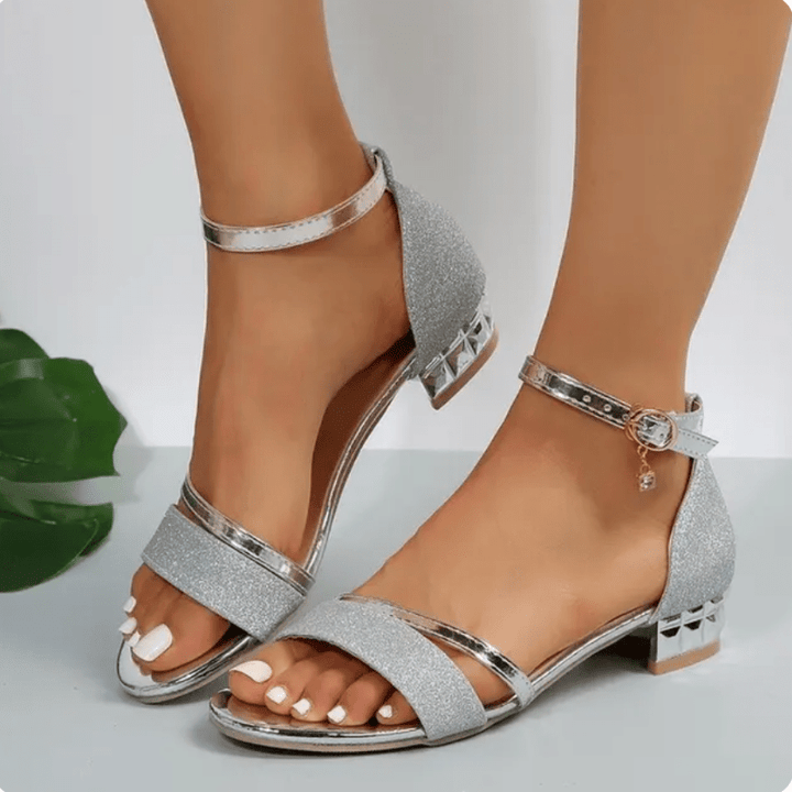 Women's Leather Ankle-Strap Sandals with Block Heel and Glossy Finish for Autumn