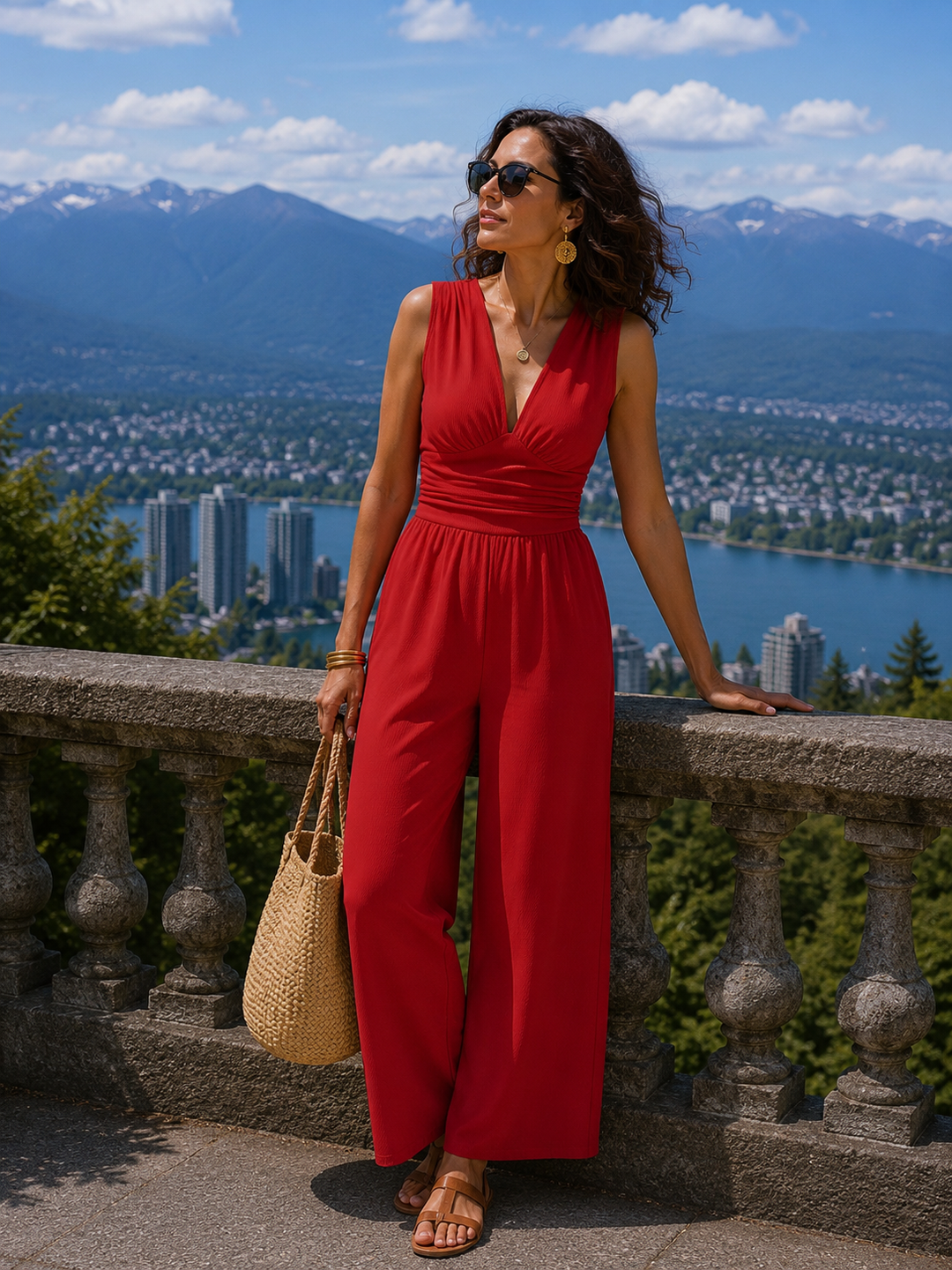 Women's Knit V-Neck Wide-Leg Jumpsuit Autumn Dressy Jumpsuit