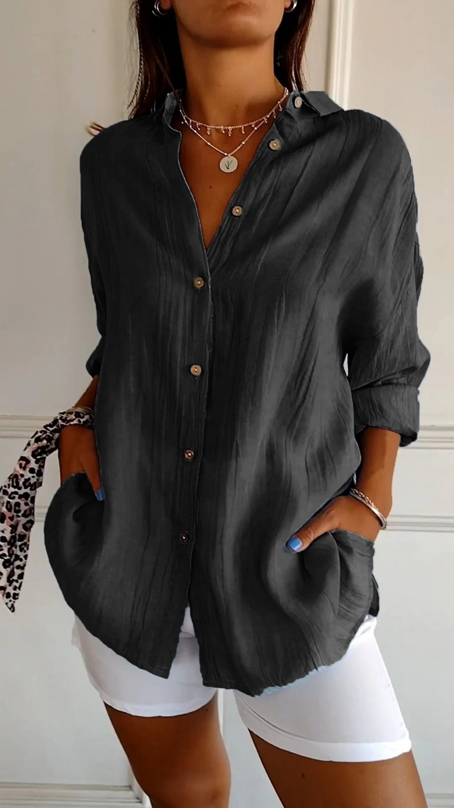Women's Oversized Linen Shirt with Buttons for Autumn Casual Wear