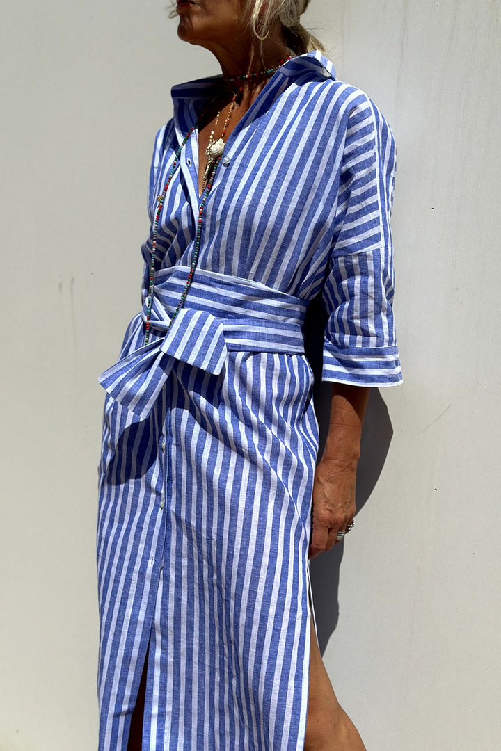 Women's Linen Midi Dress with Shirt Collar, Button Front, Autumn Casual Style