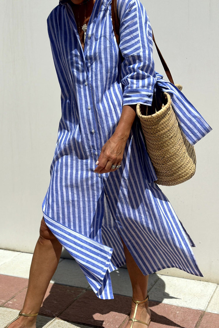 Women's Linen Midi Dress with Shirt Collar, Button Front, Autumn Casual Style
