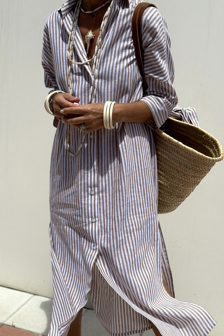Women's Linen Midi Dress with Shirt Collar, Button Front, Autumn Casual Style