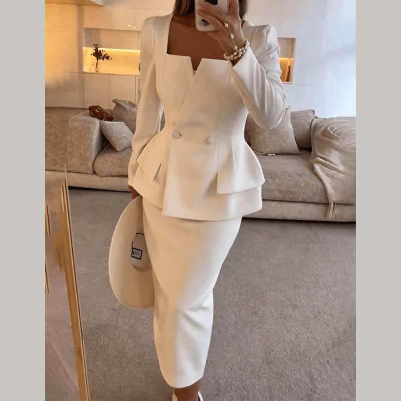 Women's Formal Skirt Suit with Blazer and Matching Skirt for Autumn