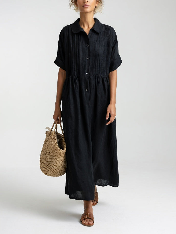 Women's Cotton Long Sleeve Pleated Shirt Dress Autumn Midi Top
