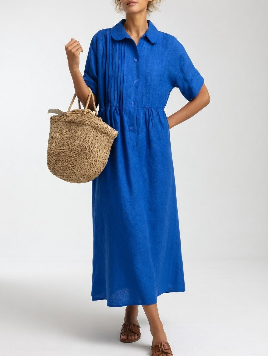 Women's Cotton Long Sleeve Pleated Shirt Dress Autumn Midi Top