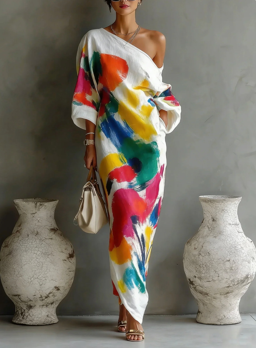 Women's Chiffon Asymmetrical Printed Maxi Dress Autumn Event Dress