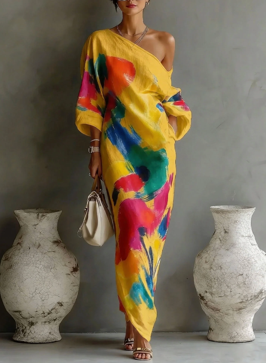 Women's Chiffon Asymmetrical Printed Maxi Dress Autumn Event Dress