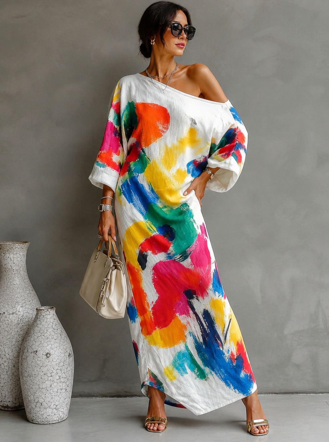 Women's Chiffon Asymmetrical Printed Maxi Dress Autumn Event Dress