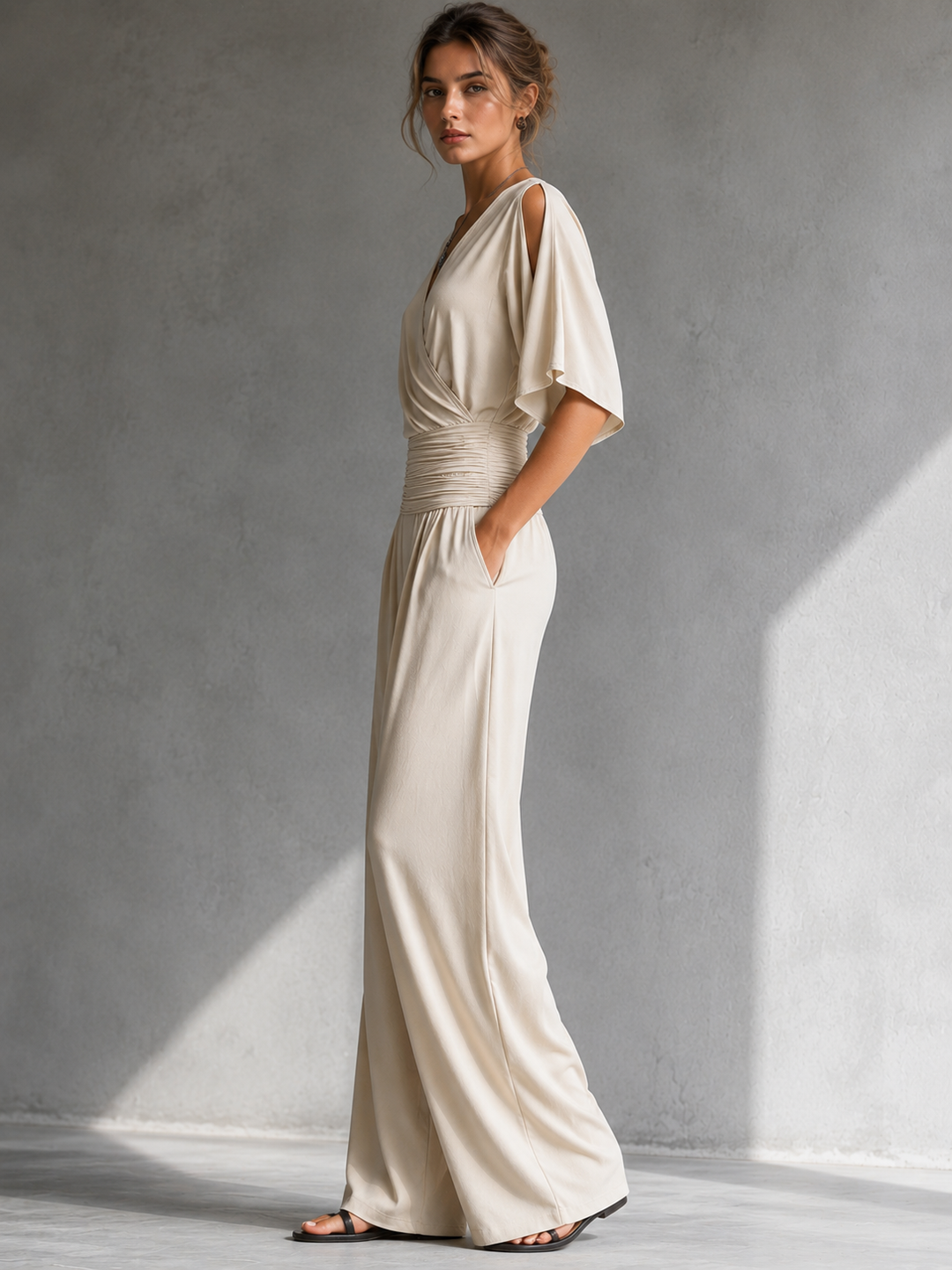 Women's Wide-Leg Crossover Jumpsuit Autumn Outfit