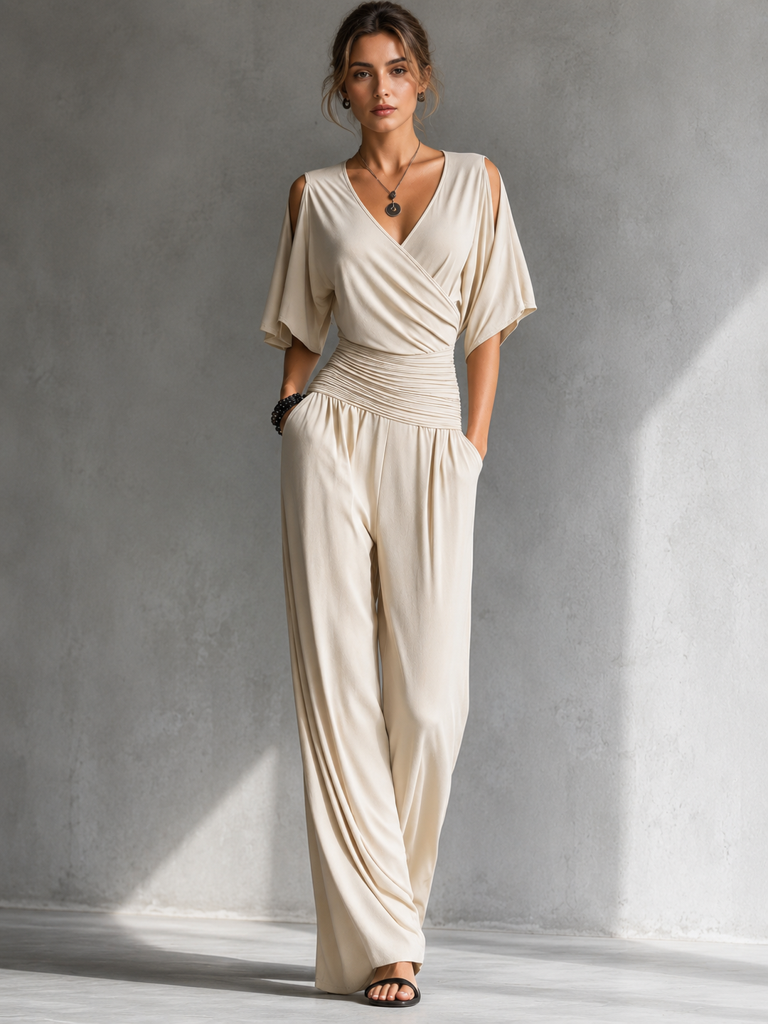 Women's Wide-Leg Crossover Jumpsuit Autumn Outfit