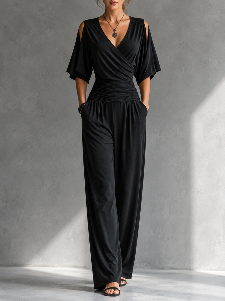 Women's Wide-Leg Crossover Jumpsuit Autumn Outfit