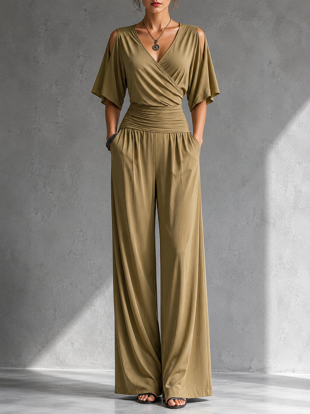 Women's Wide-Leg Crossover Jumpsuit Autumn Outfit