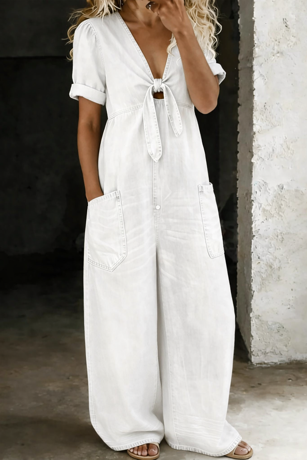 Women's Cotton Wide-Leg Denim Jumpsuit Autumn Casual Outfit