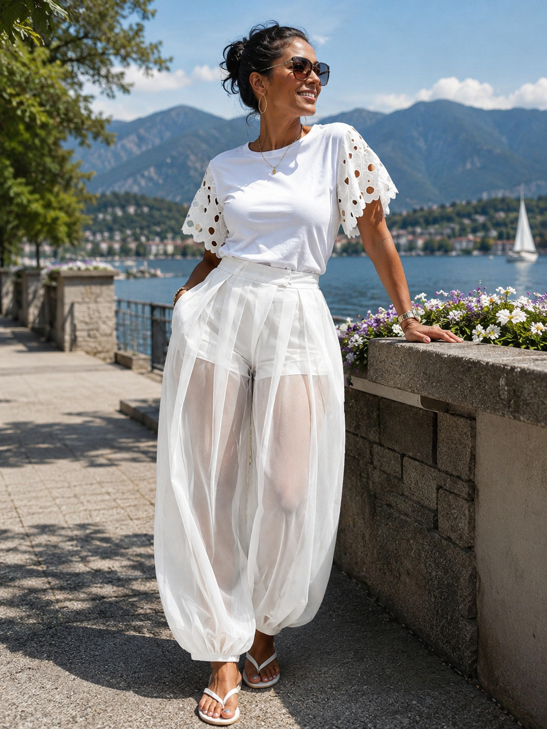 Women's Mesh Harem Pants Spring Sheer Wide Leg Trousers with Built-In Shorts High Waist