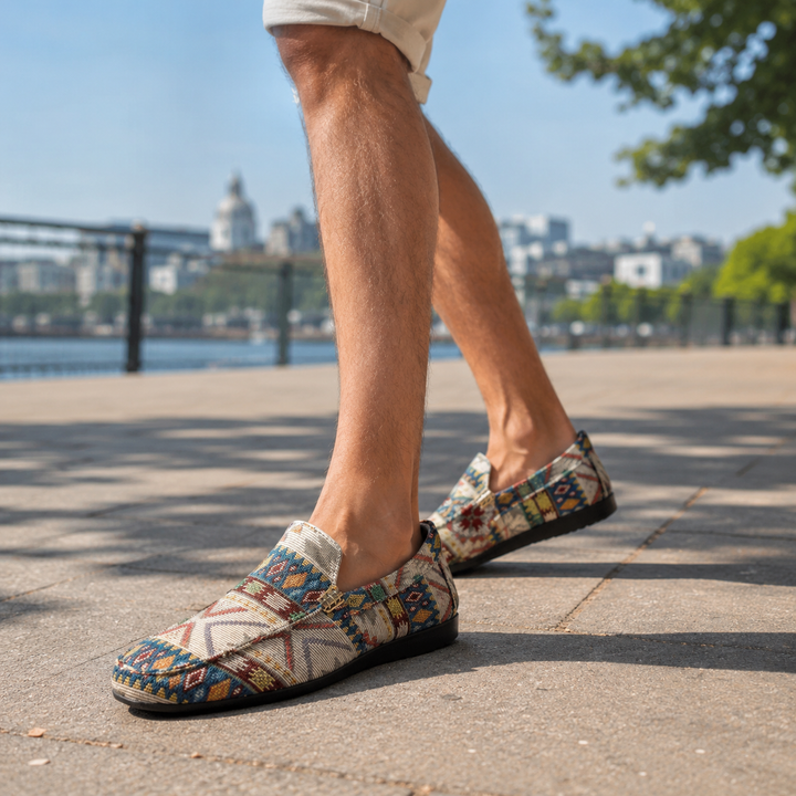 Men's Fabric Loafers Spring Slip-On Moccasins with Ethnic Print Casual Walking Shoes