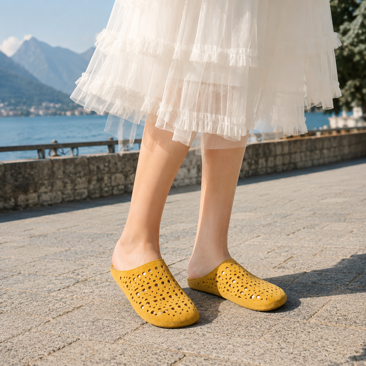 Women's Faux Suede Perforated Mules Spring Slip-On Backless Clogs Breathable Flat Shoes