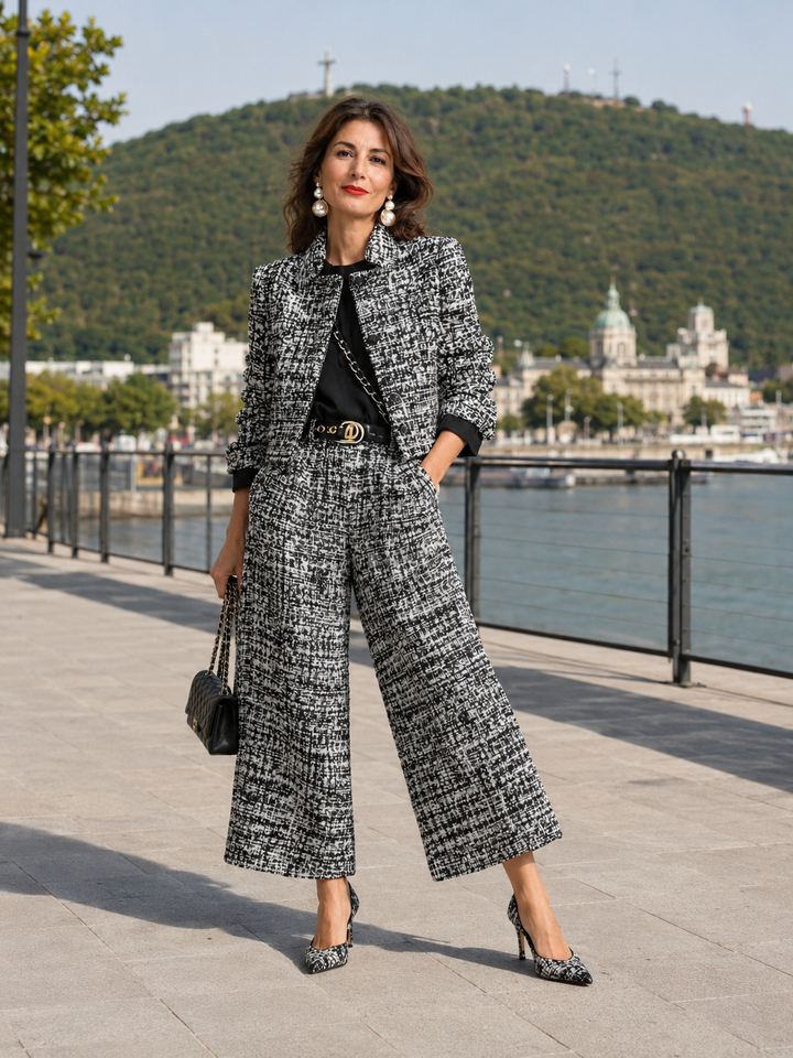 Women's Tweed Suit Set Autumn Cropped Jacket & Wide-Leg Trousers