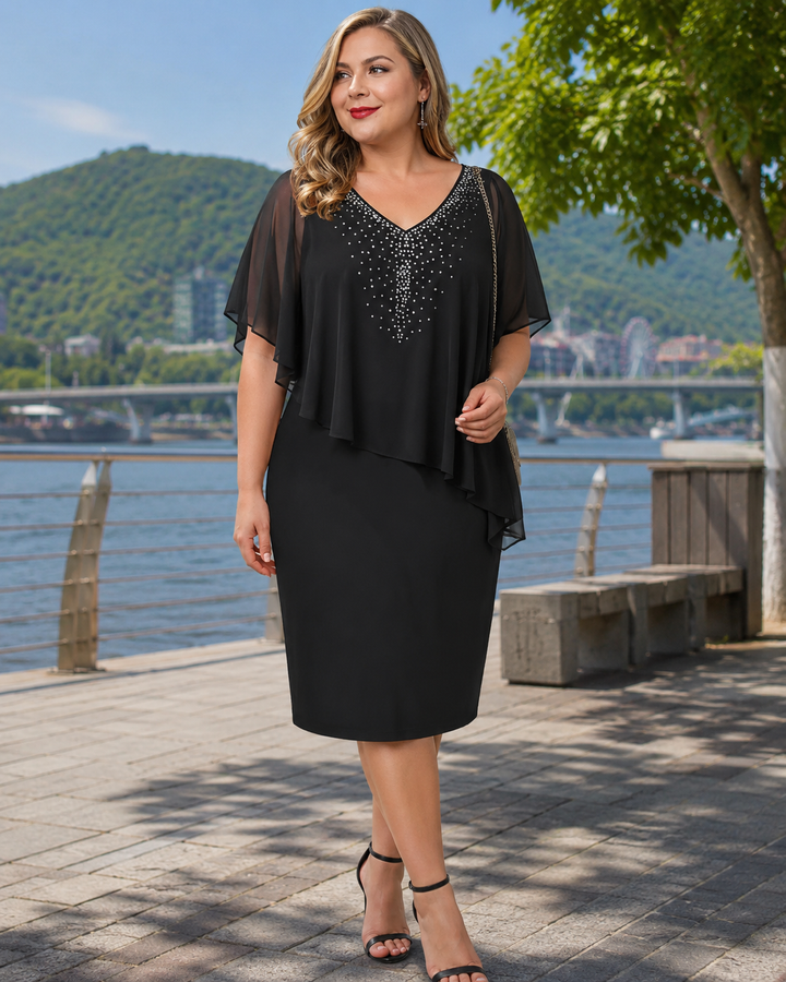 Women's Chiffon Cape Midi Dress Spring Rhinestone V Neck Bodycon Cocktail Party Dress