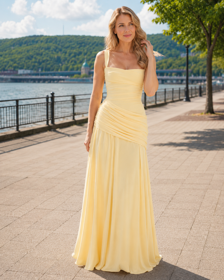 Women's Square Neck Draped Maxi Dress Autumn Evening Outfit
