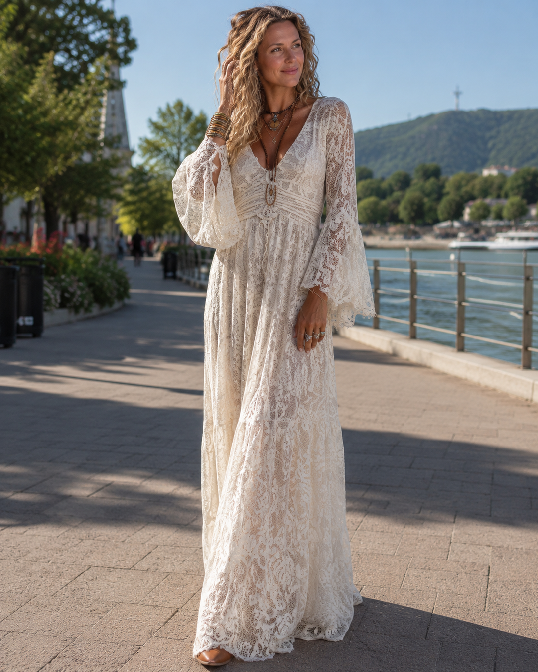 Women's Chiffon Long Vintage Lace Dress Autumn Evening Gown