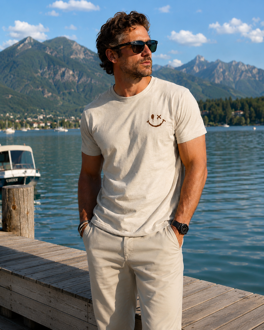 Men's Cotton Graphic T-Shirt Spring Short Sleeve Crew Neck Tee with Sunset Palm Back Print