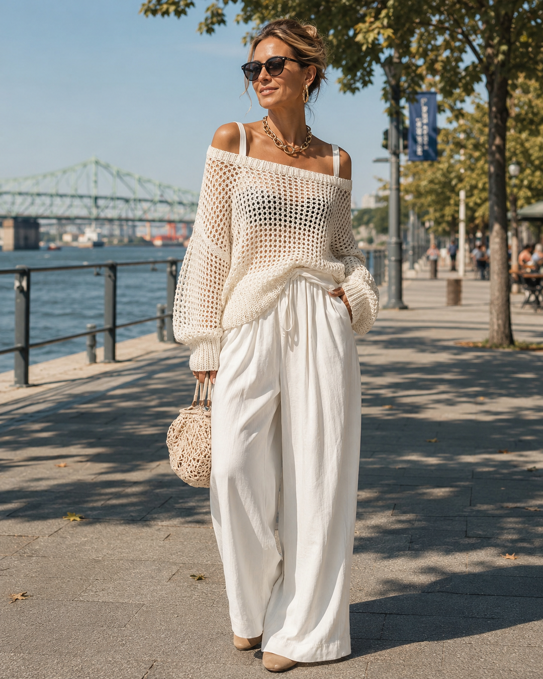 Women's Open Knit Two-Piece Set Spring Off Shoulder Sweater and Wide Leg Pants Outfit