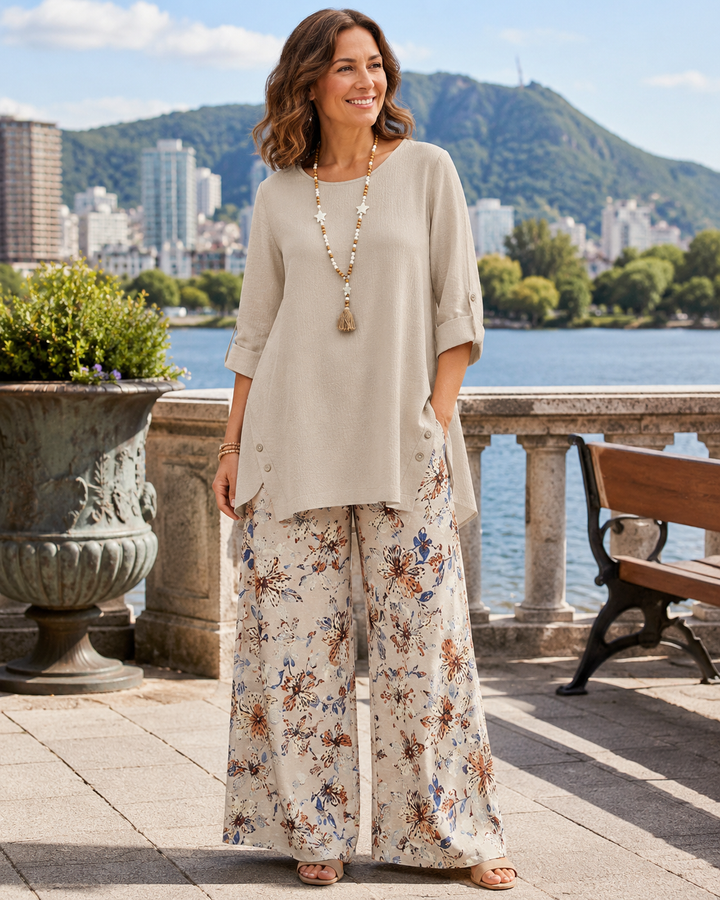 Women's Cotton Linen Pants Set Autumn Blouse & Wide-Leg Trousers