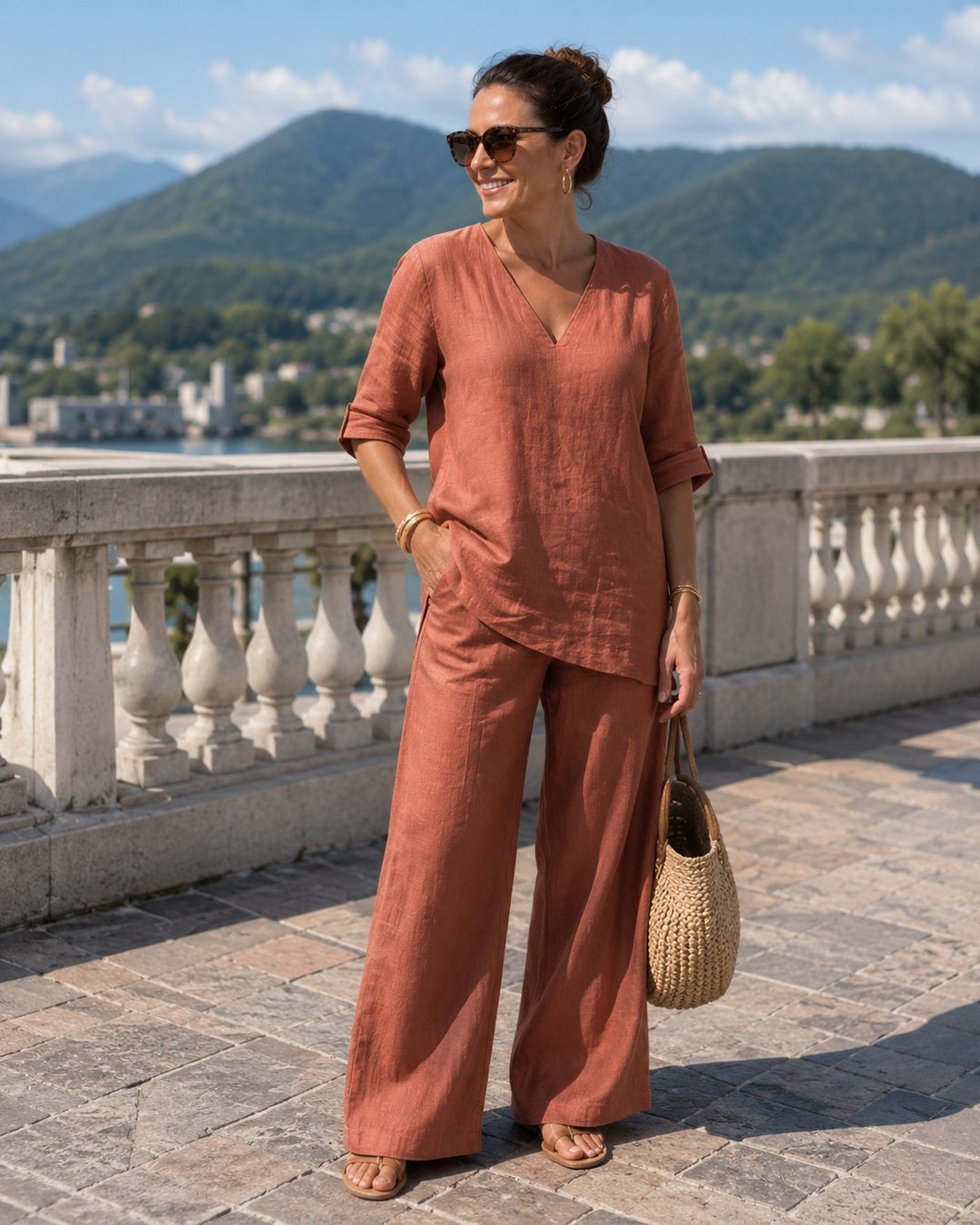 Women's Cotton Linen V-Neck Top and Wide Leg Pants Set Autumn Casual Set
