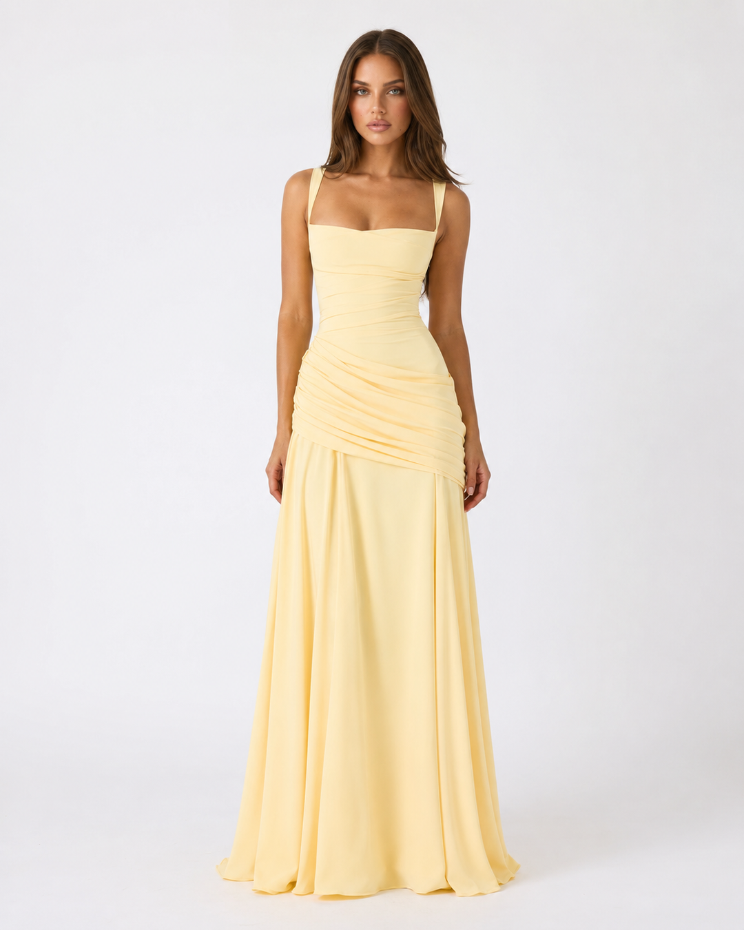 Women's Square Neck Draped Maxi Dress Autumn Evening Outfit