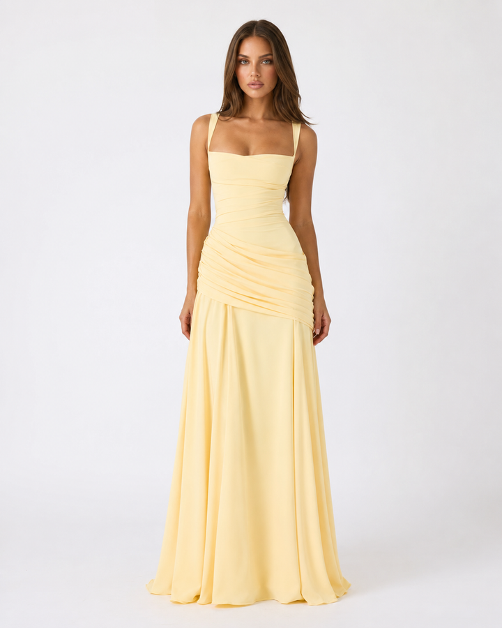 Women's Square Neck Draped Maxi Dress Autumn Evening Outfit