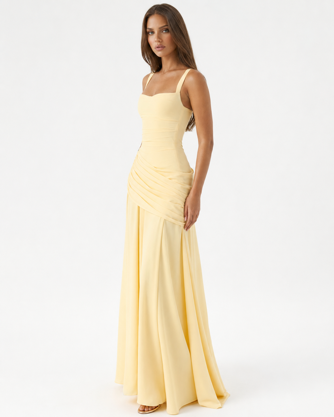Women's Square Neck Draped Maxi Dress Autumn Evening Outfit