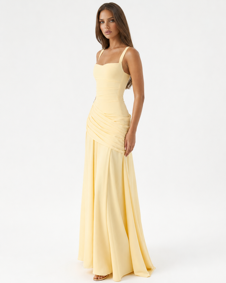 Women's Square Neck Draped Maxi Dress Autumn Evening Outfit