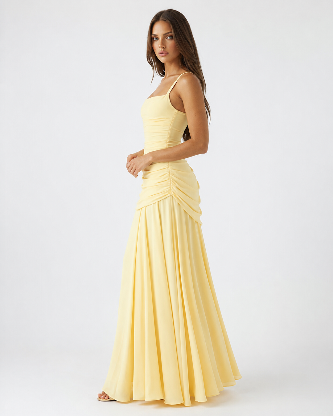 Women's Square Neck Draped Maxi Dress Autumn Evening Outfit