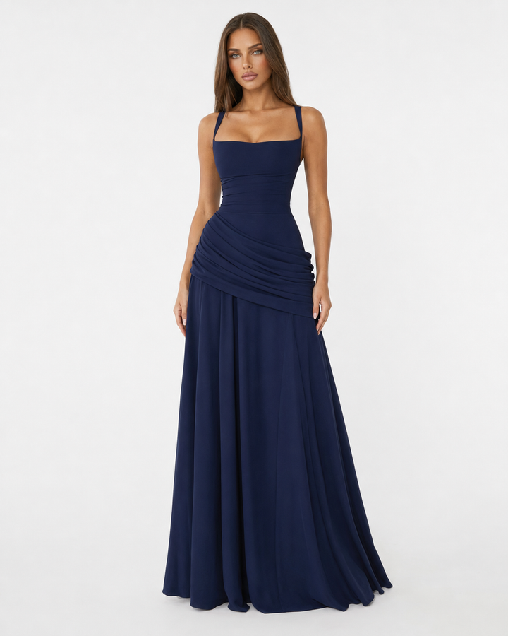 Women's Square Neck Draped Maxi Dress Autumn Evening Outfit