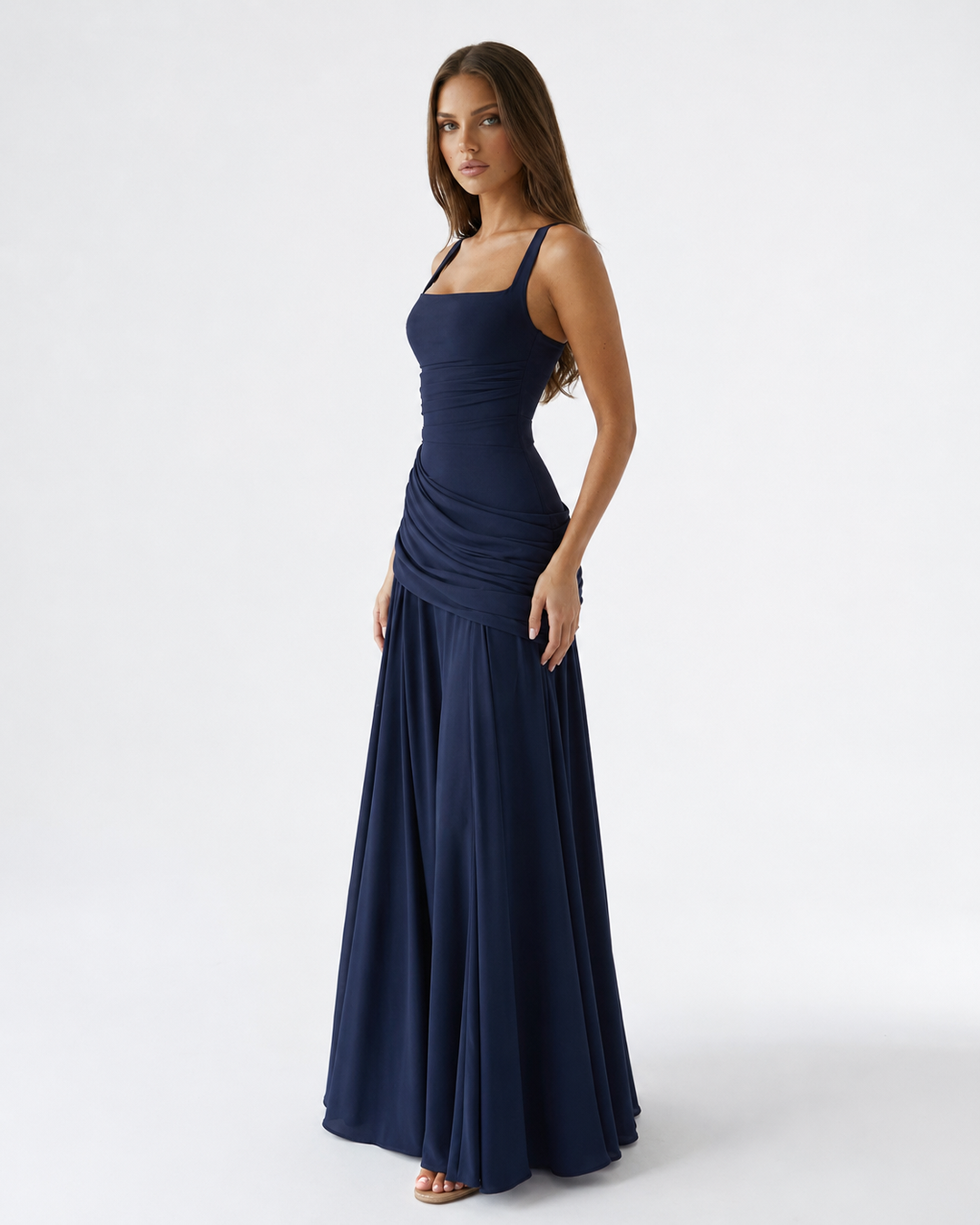 Women's Square Neck Draped Maxi Dress Autumn Evening Outfit