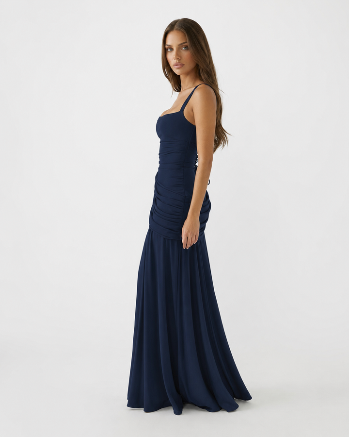 Women's Square Neck Draped Maxi Dress Autumn Evening Outfit