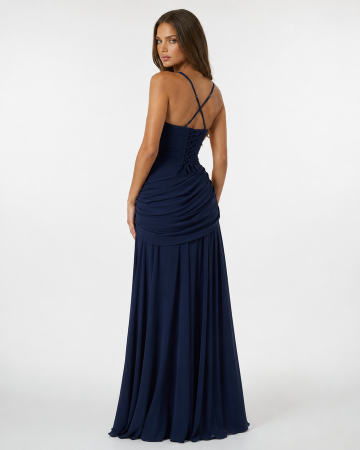 Women's Square Neck Draped Maxi Dress Autumn Evening Outfit