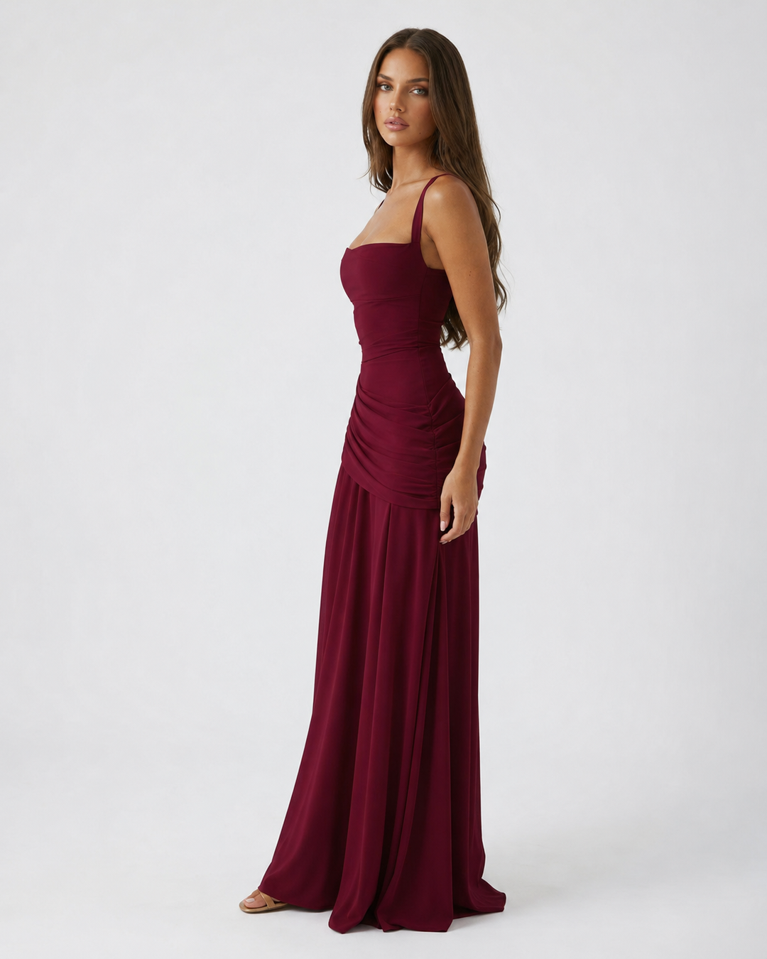 Women's Square Neck Draped Maxi Dress Autumn Evening Outfit