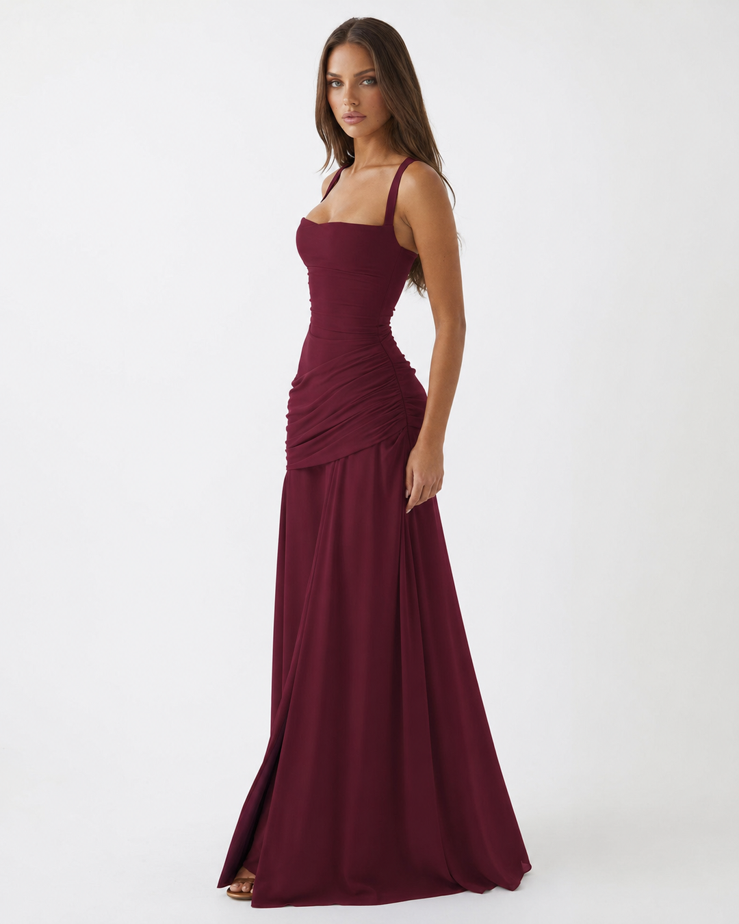 Women's Square Neck Draped Maxi Dress Autumn Evening Outfit