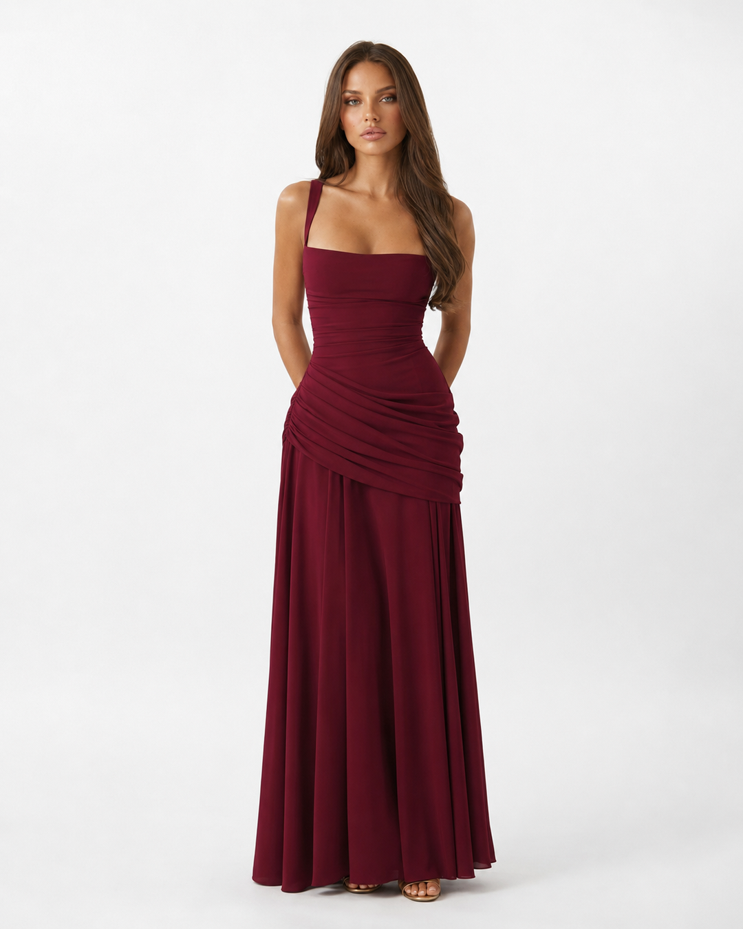 Women's Square Neck Draped Maxi Dress Autumn Evening Outfit