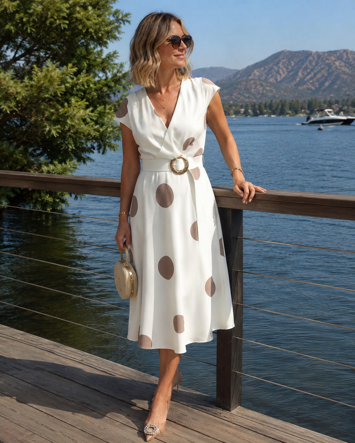 Women's Polka Dot V Neck Midi Dress Autumn Casual Dress
