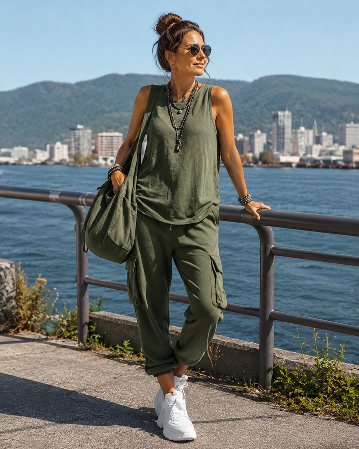 Women's Cotton Sleeveless Top and Cargo Pants Set Autumn Casual Set