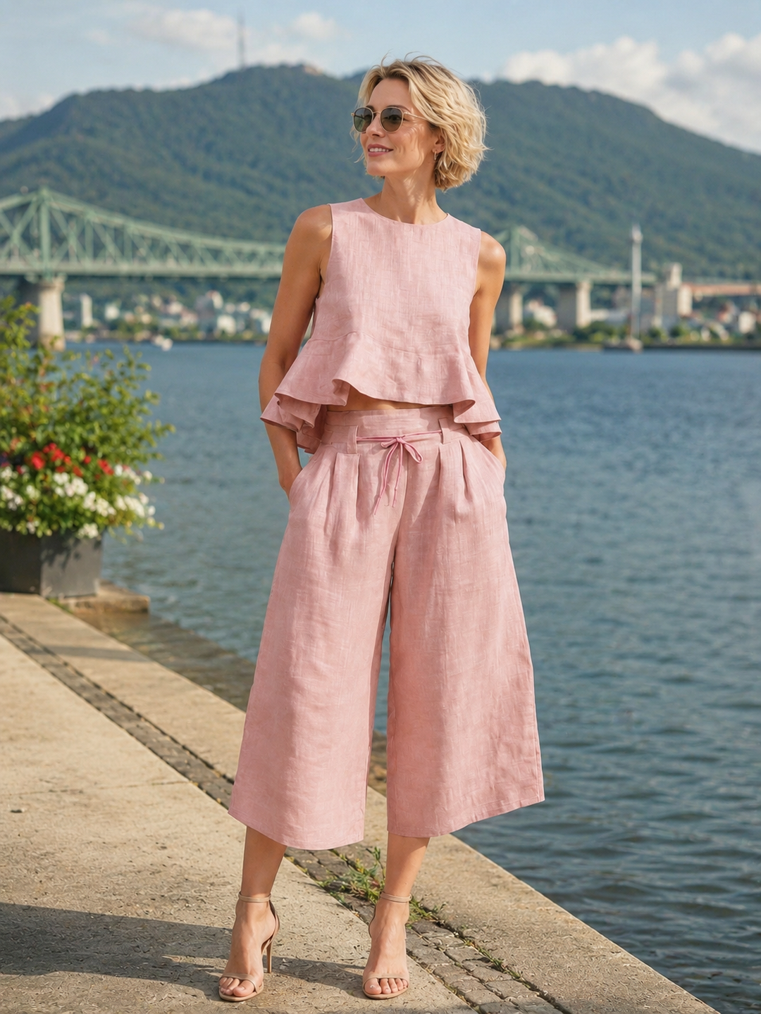 Women's Cotton Two-Piece Set Autumn Ruffle Top Wide-Leg Pants Set