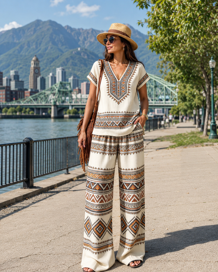 Women's Boho Two-Piece Set Spring Printed V-Neck Top and Wide Leg Pants Matching Outfit