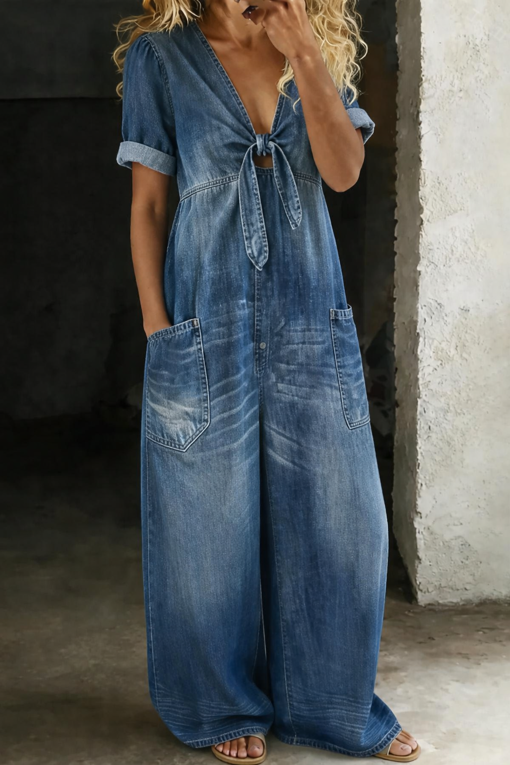 Women's Cotton Wide-Leg Denim Jumpsuit Autumn Casual Outfit